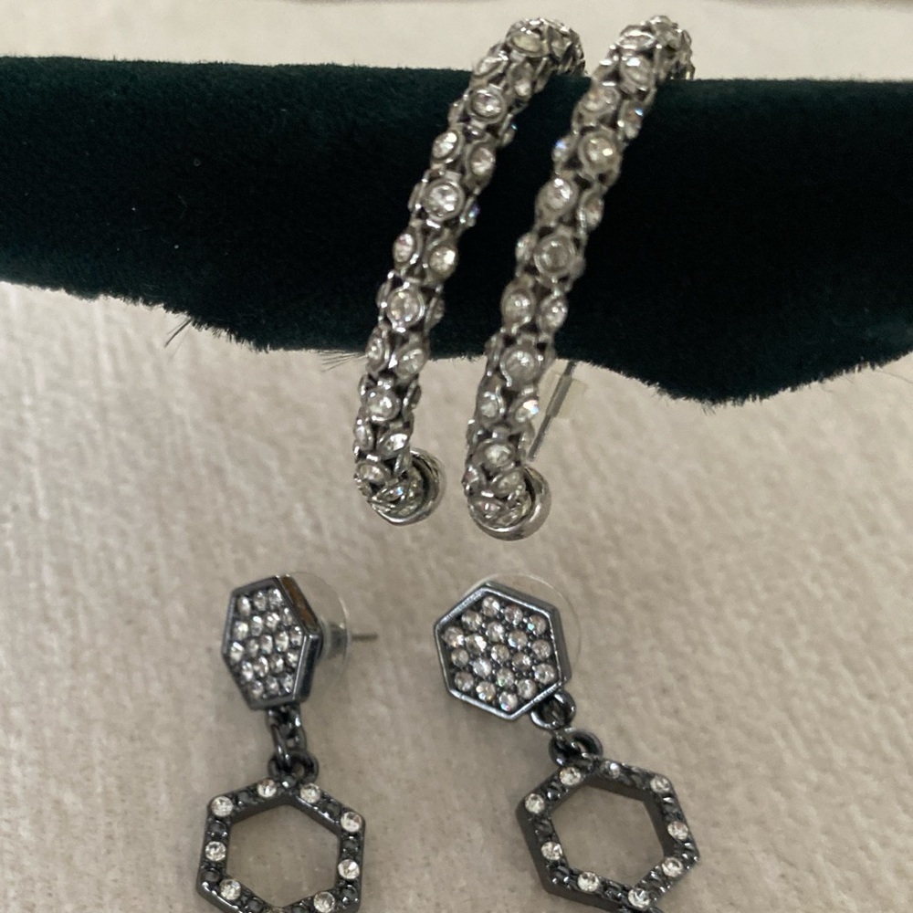 Sparkling Rhinestone Hoop + Hexagon Dangle Earrings Set | Silver Tone Statement - Picture 4 of 5
